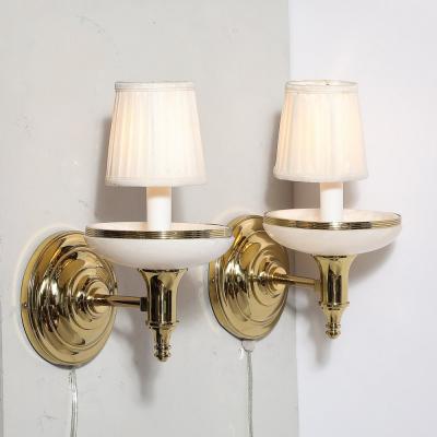 Pair of Art Deco Style Alabaster and Polished Brass Sconces