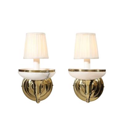 Pair of Art Deco Style Alabaster and Polished Brass Sconces