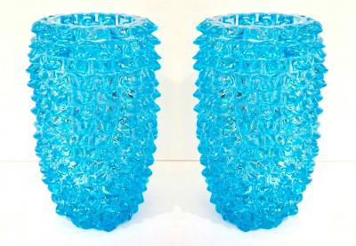 Pair of Art Deco Style Italian Aquamarine Murano Glass Centerpiece Vases