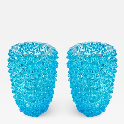 Pair of Art Deco Style Italian Aquamarine Murano Glass Centerpiece Vases