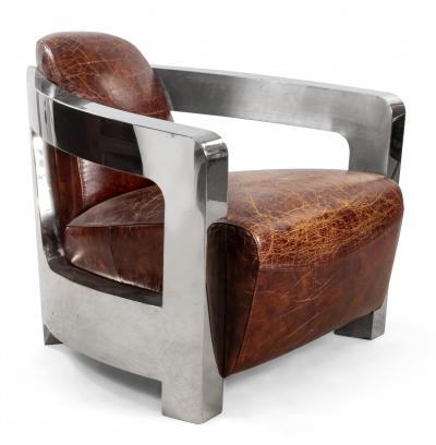 Pair of Art Deco Style Leather and Chrome Aviator Lounge Chairs