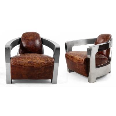 Pair of Art Deco Style Leather and Chrome Lounge Chairs