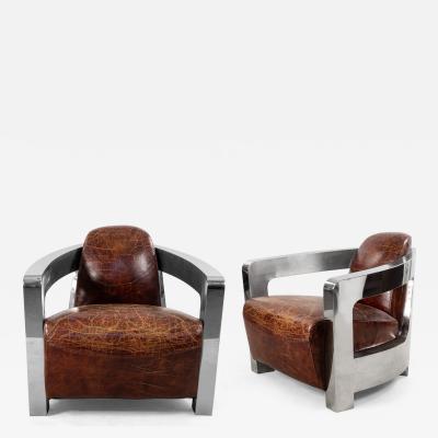 Pair of Art Deco Style Leather and Chrome Lounge Chairs