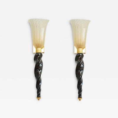 Pair of Art Deco Style Murano Black and Gold Glass Wall Lights