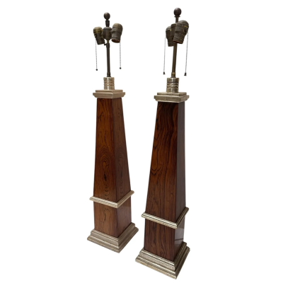 Pair of Art Deco Style White Gold Mahogany Obelisk Table Lamps