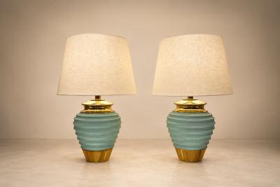 Pair of Art Deco Table Lamps in Brass Teal Finish Unknown 1930s