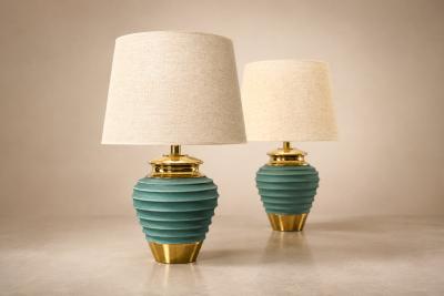 Pair of Art Deco Table Lamps in Brass Teal Finish Unknown 1930s