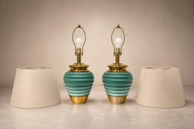 Pair of Art Deco Table Lamps in Brass Teal Finish Unknown 1930s