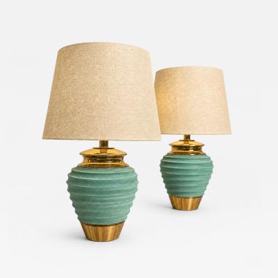 Pair of Art Deco Table Lamps in Brass Teal Finish Unknown 1930s