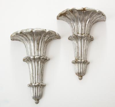 Pair of Art Deco Venetian Carved Silver Leafed Wall Brackets