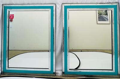 Pair of Art Deco Wall Mantle or Console Mirrors with Turquoise Beveled Frames