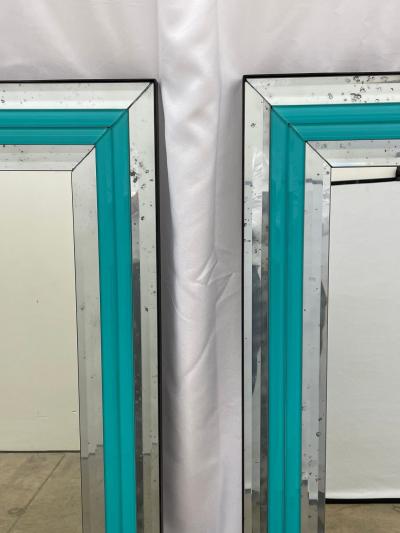 Pair of Art Deco Wall Mantle or Console Mirrors with Turquoise Beveled Frames