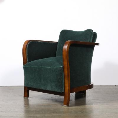 Pair of Art Deco Walnut Armchairs in Eucalyptus Mohair Velvet w Nickel Sabots