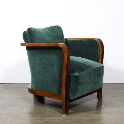 Pair of Art Deco Walnut Armchairs in Eucalyptus Mohair Velvet w Nickel Sabots