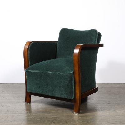 Pair of Art Deco Walnut Armchairs in Eucalyptus Mohair Velvet w Nickel Sabots