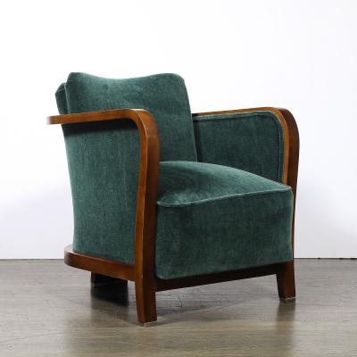 Pair of Art Deco Walnut Armchairs in Eucalyptus Mohair Velvet w Nickel Sabots