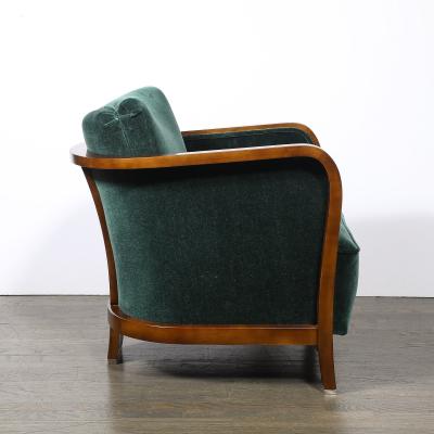 Pair of Art Deco Walnut Armchairs in Eucalyptus Mohair Velvet w Nickel Sabots