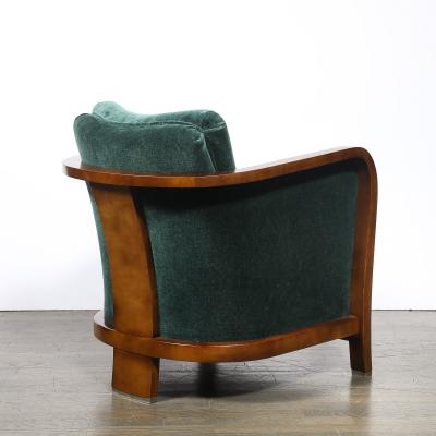 Pair of Art Deco Walnut Armchairs in Eucalyptus Mohair Velvet w Nickel Sabots