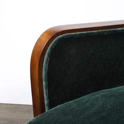 Pair of Art Deco Walnut Armchairs in Eucalyptus Mohair Velvet w Nickel Sabots