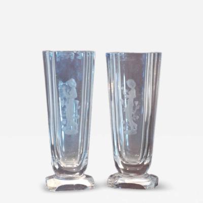 Pair of Art Deco style crystal wheel carved vases Signed