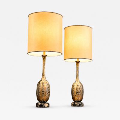 Pair of Art Nouveau Table Lamps in Metal Brass and Marble US 1930s