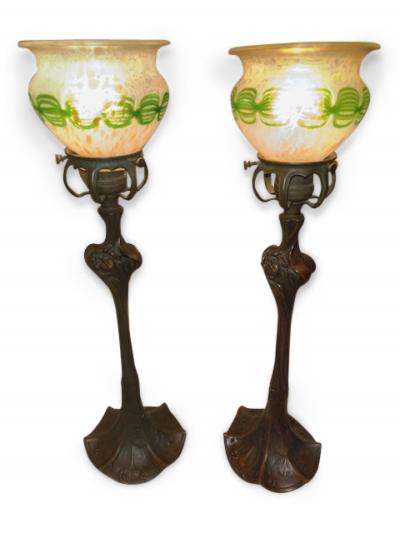 Pair of Art Nouveau candlesticks form lamps with Quezal shades