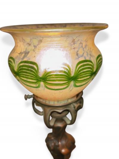 Pair of Art Nouveau candlesticks form lamps with Quezal shades