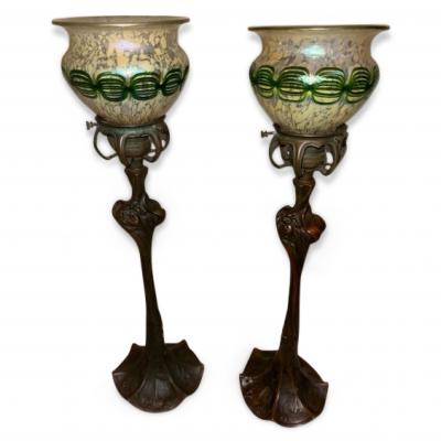 Pair of Art Nouveau candlesticks form lamps with Quezal shades