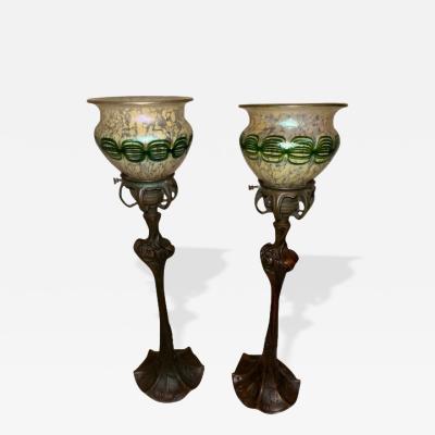 Pair of Art Nouveau candlesticks form lamps with Quezal shades
