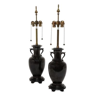Pair of Artisan Asian Style Table Lamps in Gunmetal Bronze 1960s