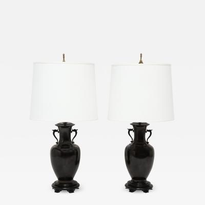 Pair of Artisan Asian Style Table Lamps in Gunmetal Bronze 1960s