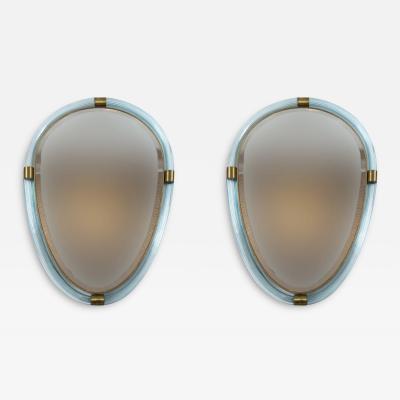 Pair of Artisan Murano Blown Aquamarine Oval Torchere Mirrors Contemporary