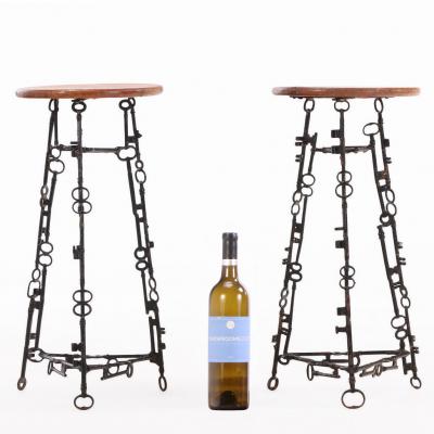 Pair of Artist Made Iron and Oak Stools C 1960