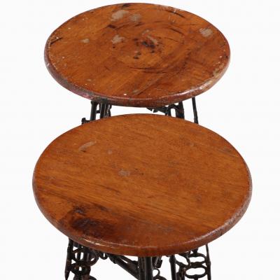 Pair of Artist Made Iron and Oak Stools C 1960