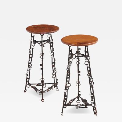 Pair of Artist Made Iron and Oak Stools C 1960