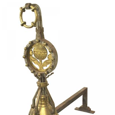 Pair of Arts Crafts Brass Sunflower Andirons