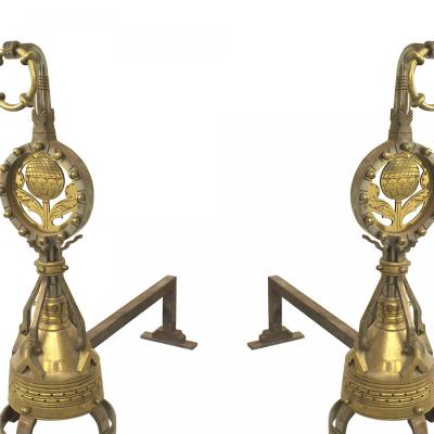 Pair of Arts Crafts Brass Sunflower Andirons