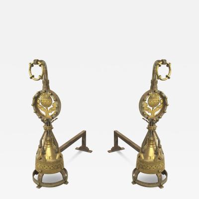Pair of Arts Crafts Brass Sunflower Andirons