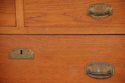Pair of Arts Crafts Oak and Travertine Chest of Drawers