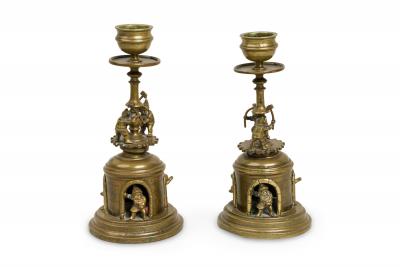 Pair of Arts and Crafts Brass Gnomes and Dwarves Embellished Candlesticks