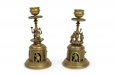 Pair of Arts and Crafts Brass Gnomes and Dwarves Embellished Candlesticks