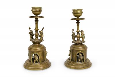Pair of Arts and Crafts Brass Gnomes and Dwarves Embellished Candlesticks