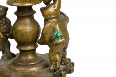 Pair of Arts and Crafts Brass Gnomes and Dwarves Embellished Candlesticks