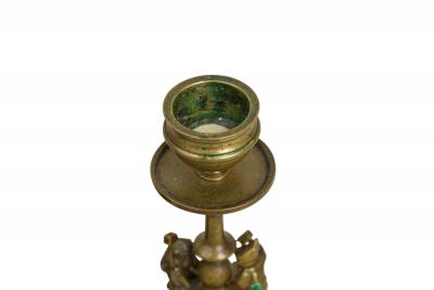 Pair of Arts and Crafts Brass Gnomes and Dwarves Embellished Candlesticks