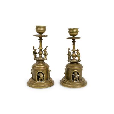 Pair of Arts and Crafts Brass Gnomes and Dwarves Embellished Candlesticks