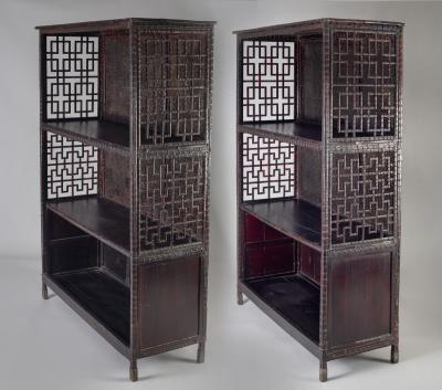 Pair of Asian Bamboo Open Cabinets