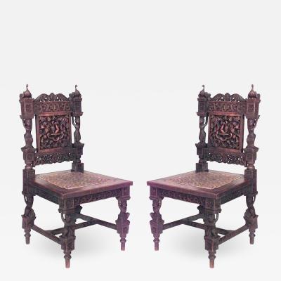 Pair of Asian Burmese Teak Carved Side Chairs