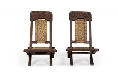 Pair of Asian Burmese Teak Folding Side Chairs