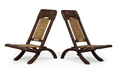 Pair of Asian Burmese Teak Folding Side Chairs