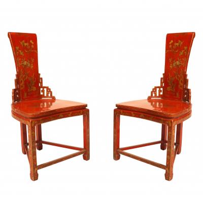 Pair of Asian Chinese 19th Cent Red Gilt Side Chairs